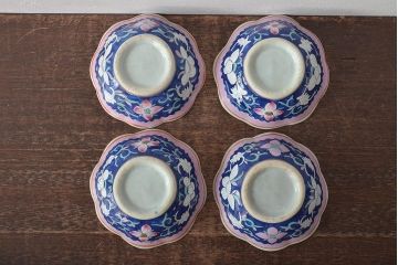 明治期　色絵小鉢4点(花文、中国李朝?)(R-044614)