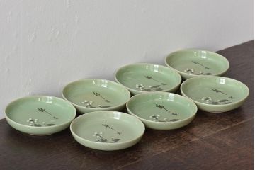 大正〜昭和初期　青磁花文小皿7枚セット(R-044622)