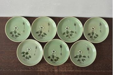 大正〜昭和初期　青磁花文小皿7枚セット(R-044622)
