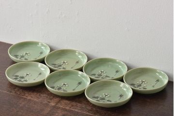 大正〜昭和初期　青磁花文小皿7枚セット(R-044622)