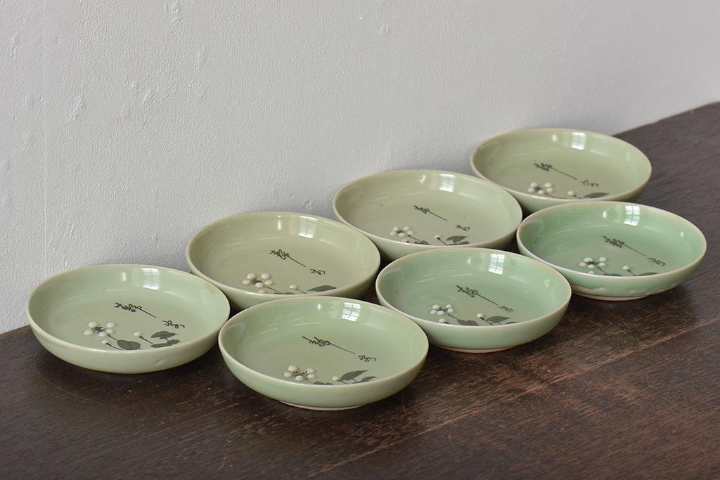 大正〜昭和初期　青磁花文小皿7枚セット(R-044623)