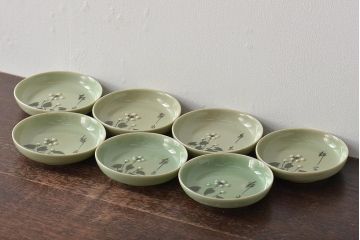 大正〜昭和初期　青磁花文小皿7枚セット(R-044623)