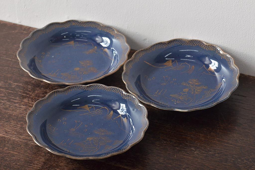 幕末明治期　瑠璃釉金彩五寸皿3枚セット(中皿)(R-044624)