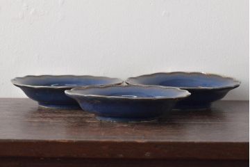 幕末明治期　瑠璃釉金彩五寸皿3枚セット(中皿)(R-044624)