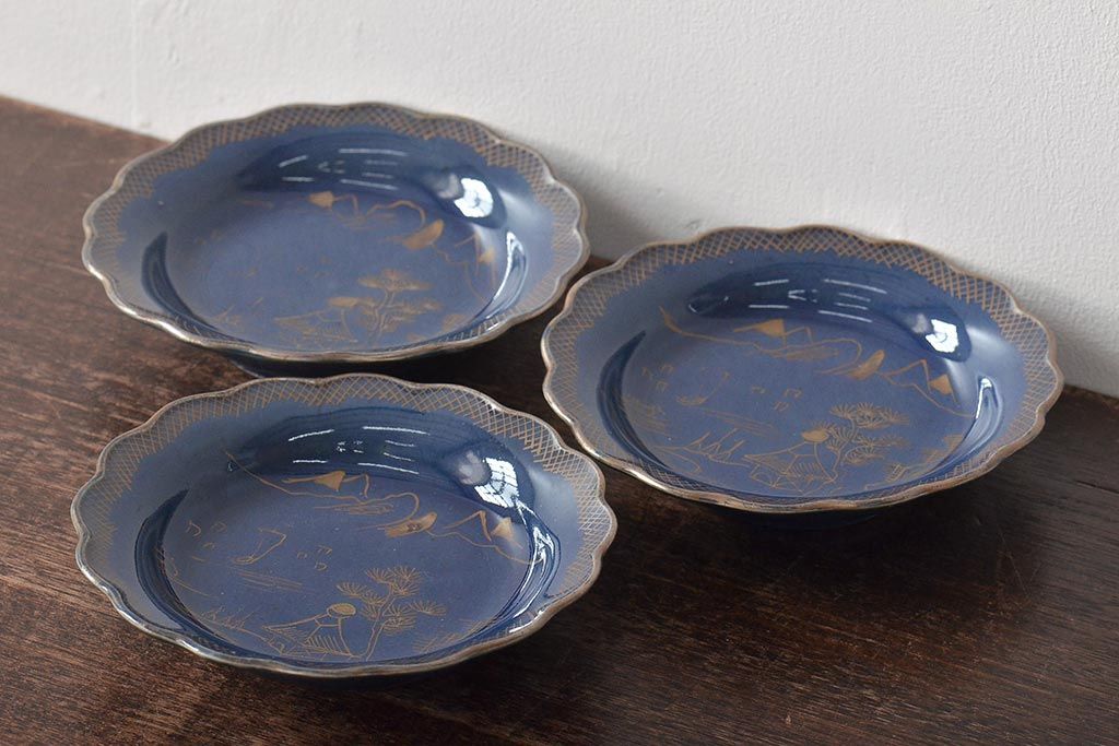 幕末明治期　瑠璃釉金彩五寸皿3枚セット(中皿)(R-044625)