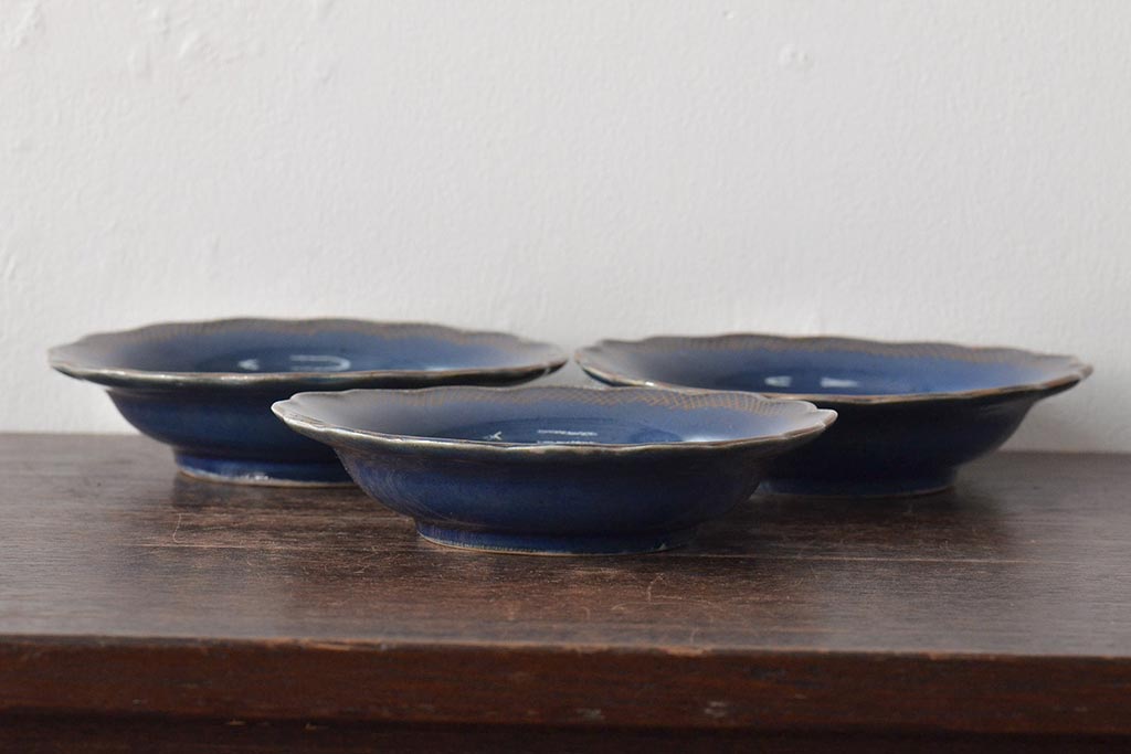 幕末明治期　瑠璃釉金彩五寸皿3枚セット(中皿)(R-044625)