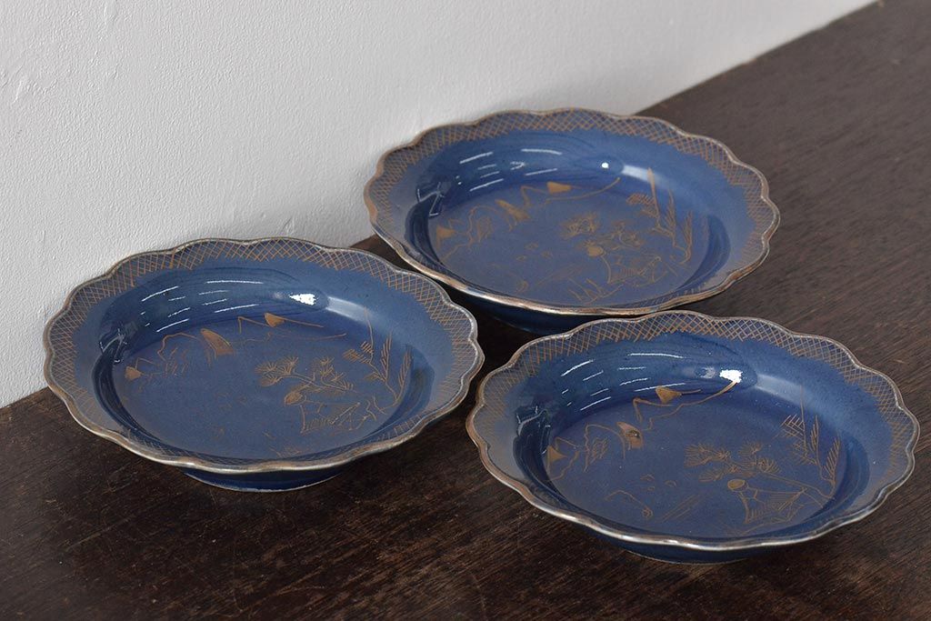幕末明治期　瑠璃釉金彩五寸皿3枚セット(中皿)(R-044625)
