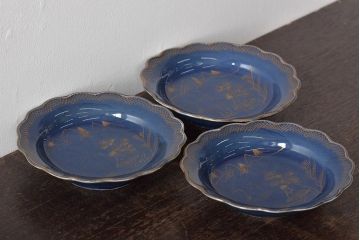 幕末明治期　瑠璃釉金彩五寸皿3枚セット(中皿)(R-044625)