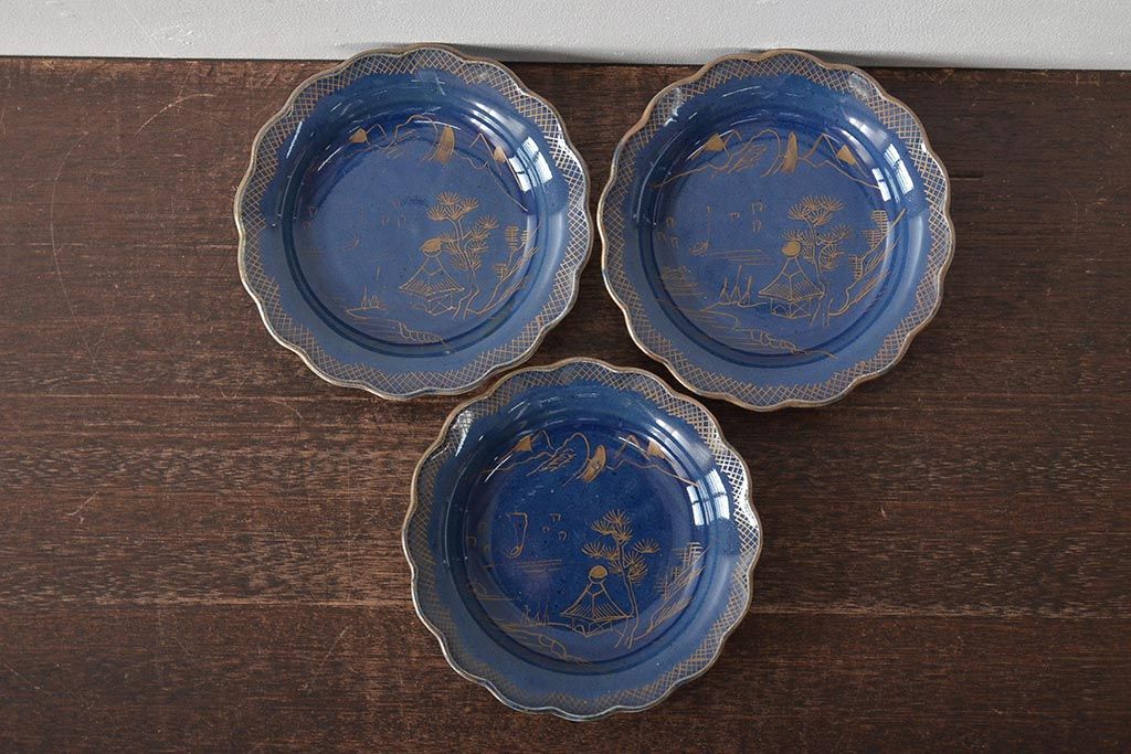 幕末明治期　瑠璃釉金彩五寸皿3枚セット(中皿)(R-044625)