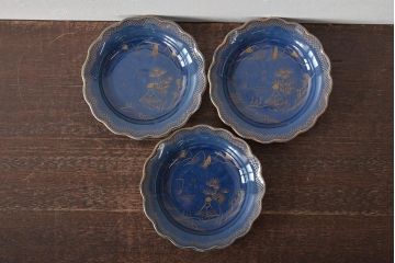 幕末明治期　瑠璃釉金彩五寸皿3枚セット(中皿)(R-044625)