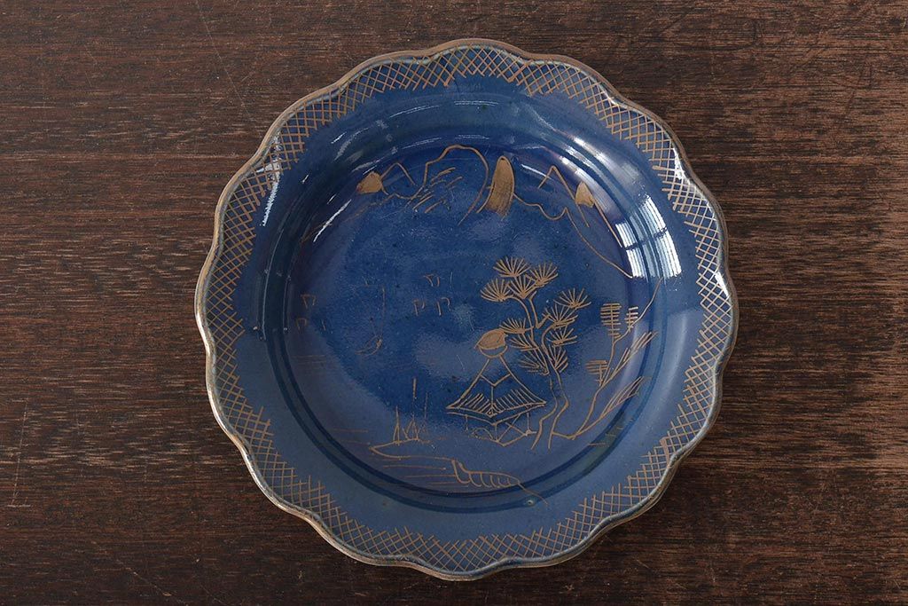 幕末明治期　瑠璃釉金彩五寸皿3枚セット(中皿)(R-044625)