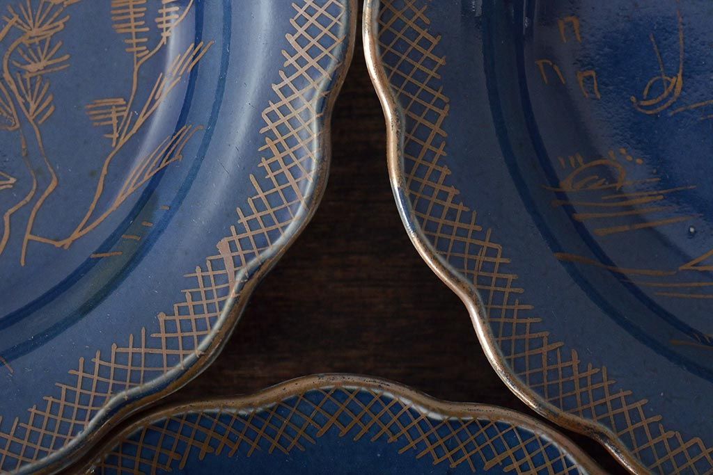 幕末明治期　瑠璃釉金彩五寸皿3枚セット(中皿)(R-044625)