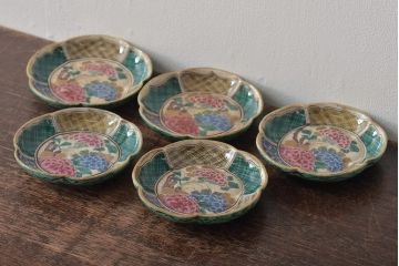 明治期　九谷焼　花文色絵小皿5枚(R-044626)