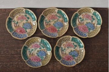 明治期　九谷焼　花文色絵小皿5枚(R-044626)