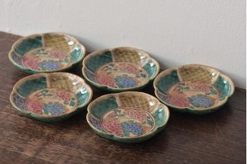 明治期　九谷焼　花文色絵小皿5枚(R-044627)