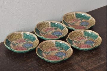 明治期　九谷焼　花文色絵小皿5枚(R-044627)