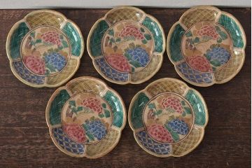 明治期　九谷焼　花文色絵小皿5枚(R-044627)