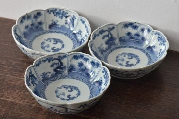 江戸期　古伊万里　成化年製　窓絵染付　変形なます皿3客(芙蓉手、輪花、桔梗渕)(R-044630)