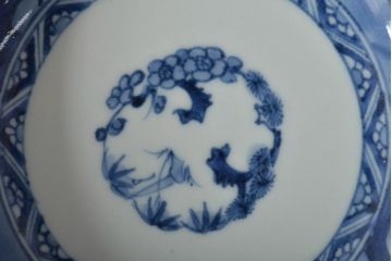 江戸期　古伊万里　成化年製　窓絵染付　変形なます皿3客(芙蓉手、輪花、桔梗渕)(R-044630)
