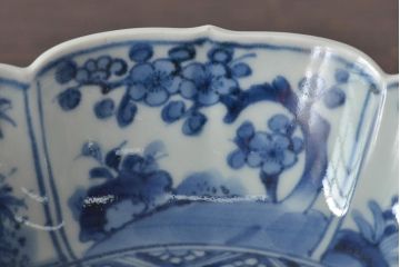 江戸期　古伊万里　成化年製　窓絵染付　変形なます皿3客(芙蓉手、輪花、桔梗渕)(R-044630)