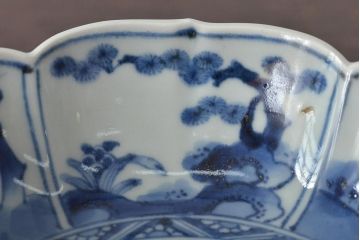 江戸期　古伊万里　成化年製　窓絵染付　変形なます皿3客(芙蓉手、輪花、桔梗渕)(R-044630)