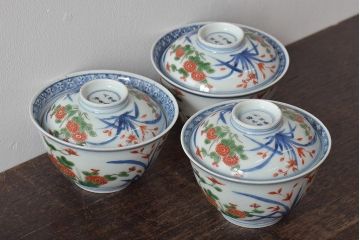 江戸期　古伊万里　大明年製　色絵染付　蓋茶碗3客(上手物古伊万里)(R-044632)