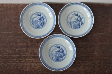 江戸期　古伊万里　大明年製　色絵染付　蓋茶碗3客(上手物古伊万里)(R-044632)