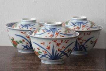 江戸期　古伊万里　大明年製　色絵染付　蓋茶碗3客(上手物古伊万里)(R-044632)
