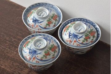 江戸期　古伊万里　大明年製　色絵染付　蓋茶碗3客(上手物古伊万里)(R-044632)