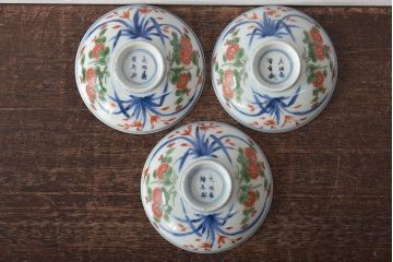 江戸期　古伊万里　大明年製　色絵染付　蓋茶碗3客(上手物古伊万里)(R-044632)