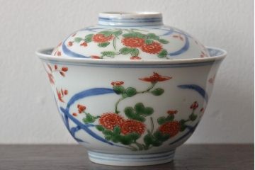 江戸期　古伊万里　大明年製　色絵染付　蓋茶碗3客(上手物古伊万里)(R-044632)