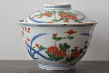 江戸期　古伊万里　大明年製　色絵染付　蓋茶碗3客(上手物古伊万里)(R-044632)