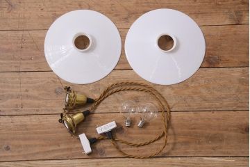 アンティーク照明　戦前　レトロな平笠シェードのペンダントライト2個セット(天井照明、吊り下げ照明、電笠)(R-044644)