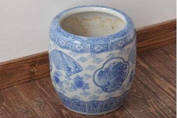 アンティーク雑貨　鶴・花・風景の図　瀬戸火鉢(鉢カバー、傘立て)(R-044669)