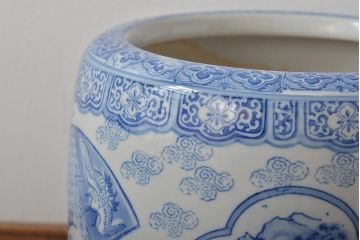 アンティーク雑貨　鶴・花・風景の図　瀬戸火鉢(鉢カバー、傘立て)(R-044669)