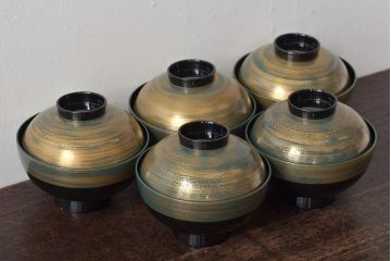 輪島塗　金かすみ　蒔絵　黒塗　丸形　吸物椀5客(蓋付き椀、お椀、漆器)(R-044673)