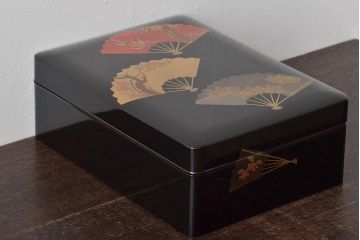 大正〜昭和初期　市屋漆器店　金彩銀彩　扇面　蒔絵　木製文箱(手許箱)(R-044674)