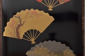 大正〜昭和初期　市屋漆器店　金彩銀彩　扇面　蒔絵　木製文箱(手許箱)(R-044674)