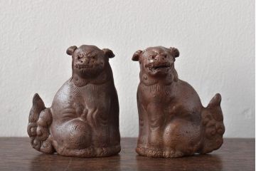 江戸〜明治　備前焼　獅子置物一対(置き物、オブジェ)(R-044679)
