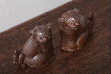 江戸〜明治　備前焼　獅子置物一対(置き物、オブジェ)(R-044679)
