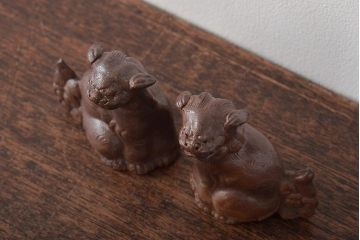 江戸〜明治　備前焼　獅子置物一対(置き物、オブジェ)(R-044679)