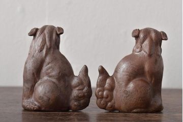 江戸〜明治　備前焼　獅子置物一対(置き物、オブジェ)(R-044679)