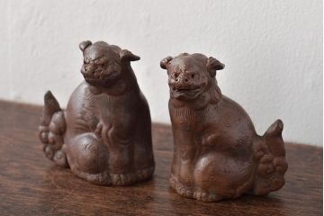 江戸〜明治　備前焼　獅子置物一対(置き物、オブジェ)(R-044679)