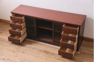 ラフジュ工房オリジナル　古建具リメイク　上品な和を感じさせる引き出し付きローボード(収納棚、戸棚、テレビ台、テレビボード)(R-044726)