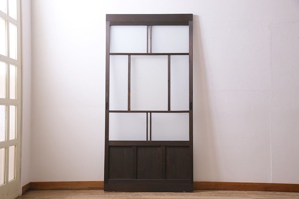 アンティーク建具　昭和初期　ダイヤガラス・すりガラス　大正ロマンの香り漂うシックなガラス戸1枚(引き戸)(R-044729)