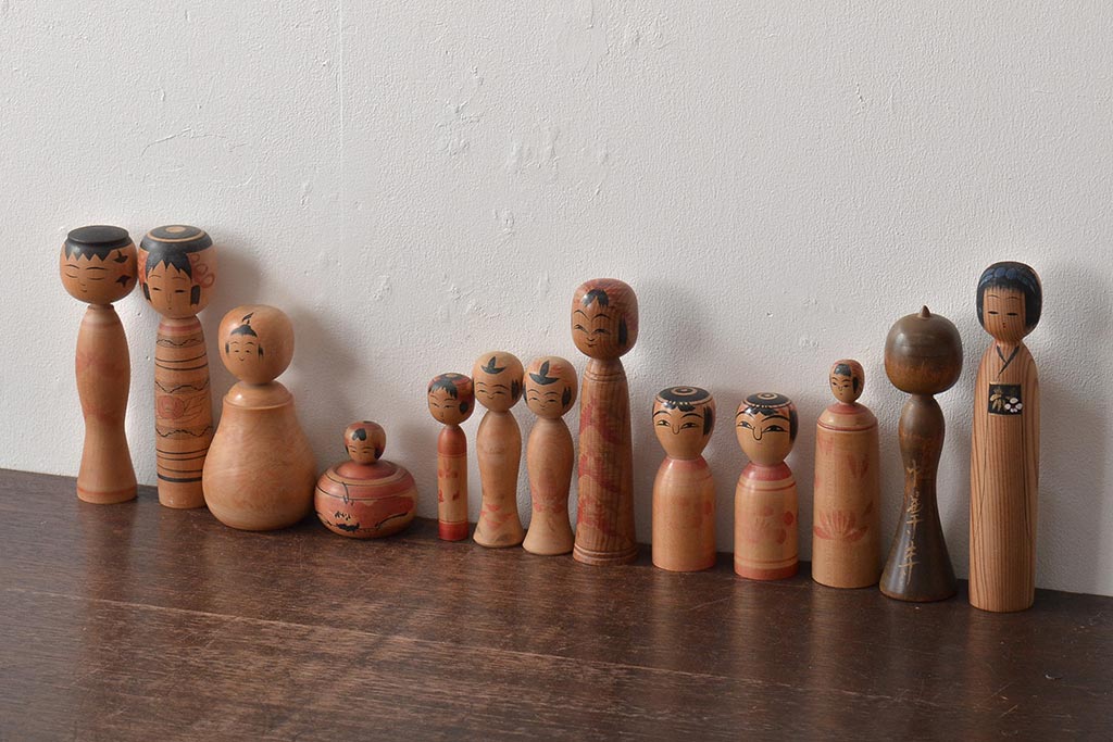 古い　伝統こけし13本(郷土玩具、鳴子忠市、英裕、高長、会津徳寿)(R-044739)
