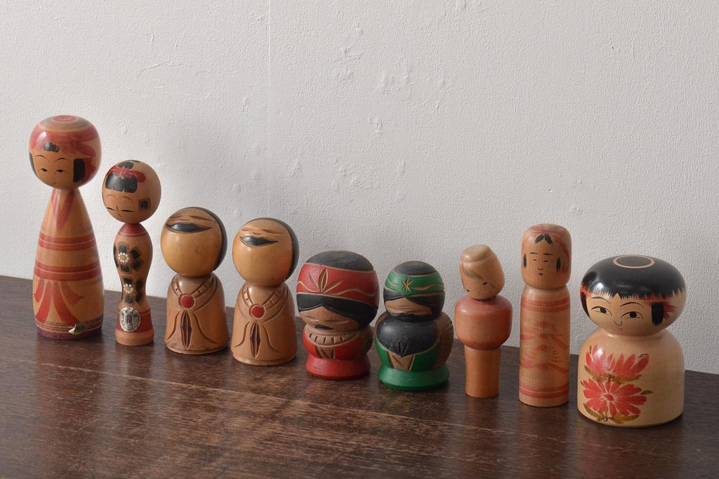 古い　伝統こけし9本(郷土玩具、アイヌ、弥治郎系、郷土玩具)(R-044741)