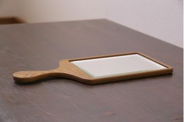 アンティーク雑貨　昭和レトロ　タモ材　滑らかな質感の手鏡(鏡、ハンドミラー)(R-044759)