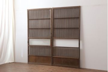アンティーク家具　古民家スタイルにおすすめな格子戸2枚セット(ガラス帯戸、引き戸、建具)(R-044765)