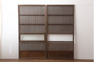 アンティーク家具　古民家スタイルにおすすめな格子戸2枚セット(ガラス帯戸、引き戸、建具)(R-044765)